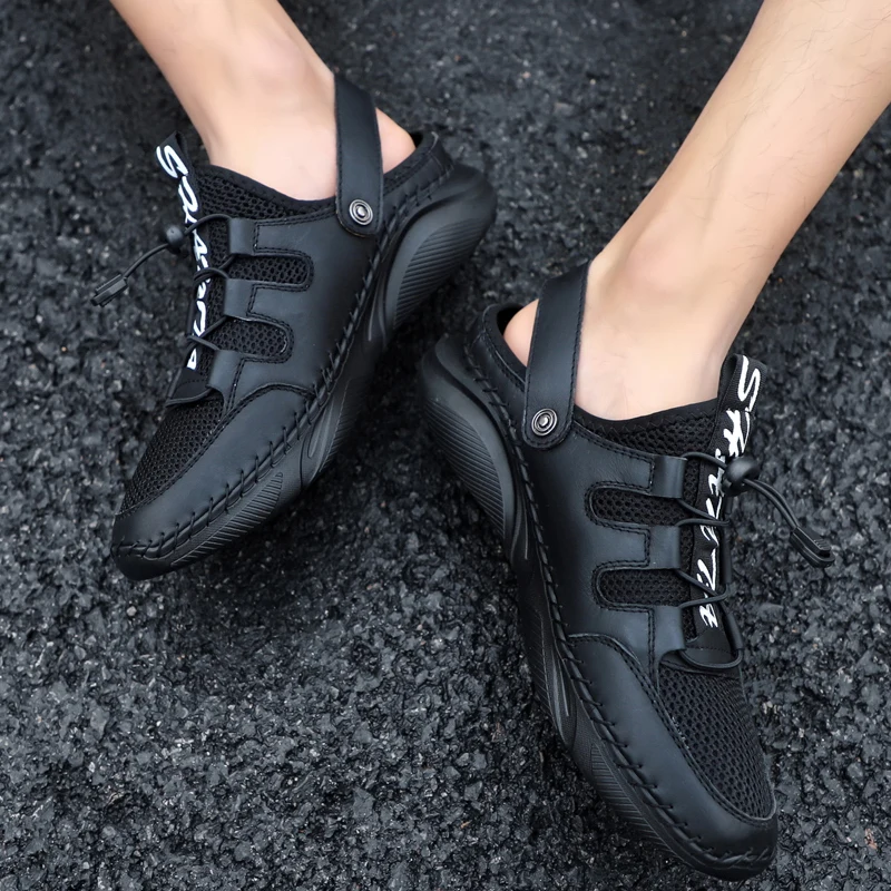 Men\'s Summer Breathable Mesh Casual Sandals Leather Outdoor Beach Creek Shoes Large Size Handmade Hiking Shoes Wading Shoes