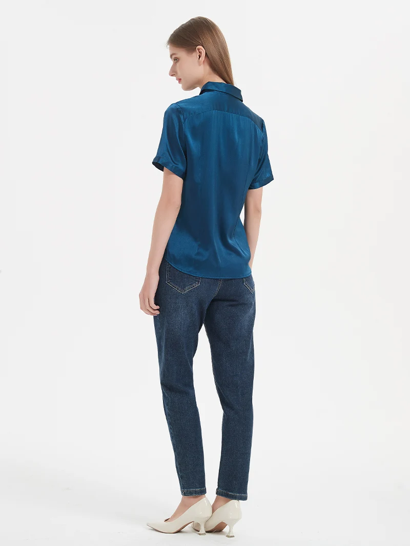 SuyaDream, Woman Solid Shirts, 95%Silk 5%Spandex, Short Sleeved, White Chic Blouses, 2025 Spring Summer Top, Navy, Black