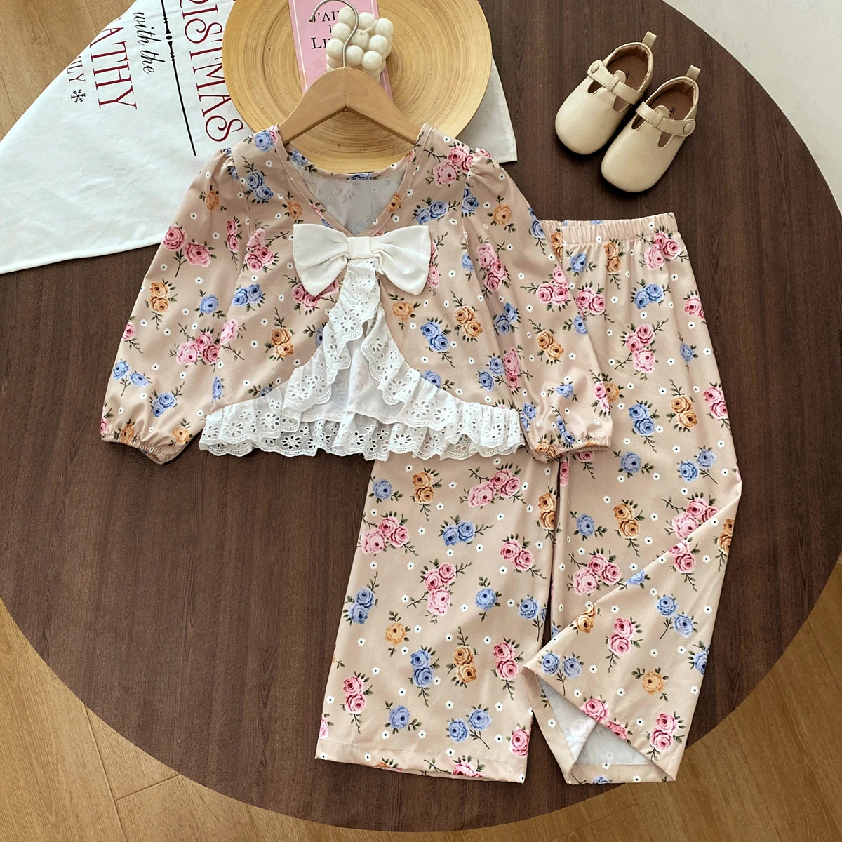 Humor Bear Girls Sets Casual Autumn Back Bow Lace Backless Floral Long Sleeve Top Wide Leg Pants Outfits Kids Suits 2PCS