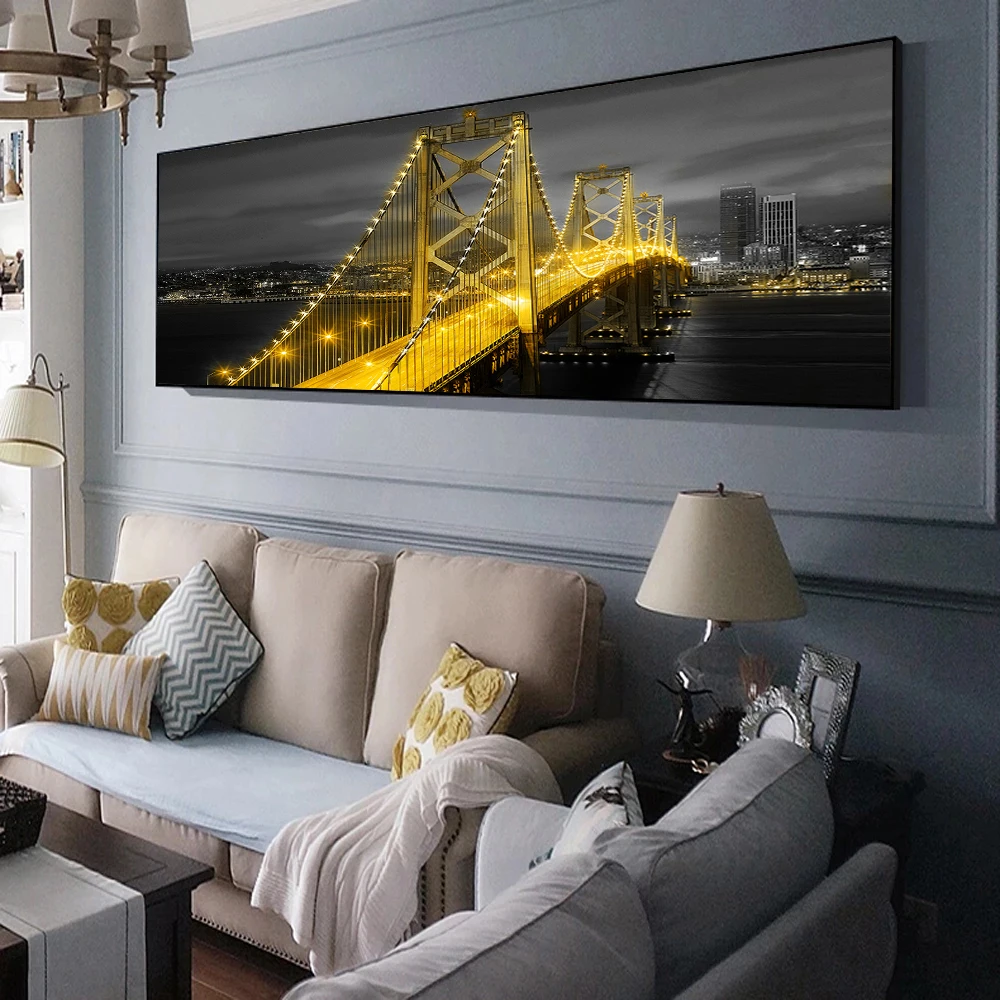 

Modern City Night Landscape Canvas Painting Black and Golden Bridge Posters Wall Art Picture Painting for Living Room Home Decor
