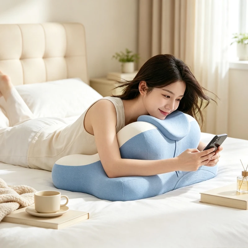 Large Prone Pillow Blue White Strong Support Bed Backrest Cushion Ice Silk Pocket Removable Washable Cover for Adults 엎드림 쿠션