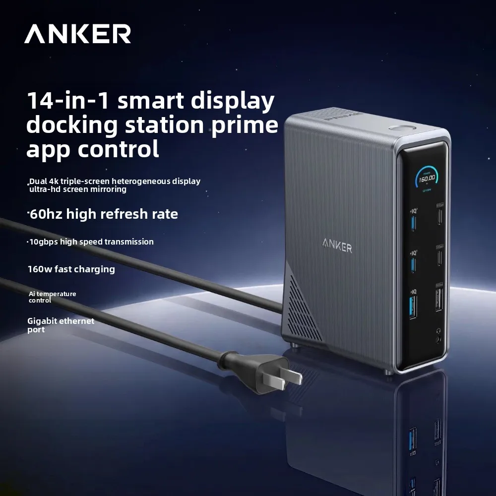 Anker Prime 14‑in‑1 Docking Station with Smart Digital Display Custom 160W Desktop Charging Dock Dual HDMI 4K 10Gbps for Laptop