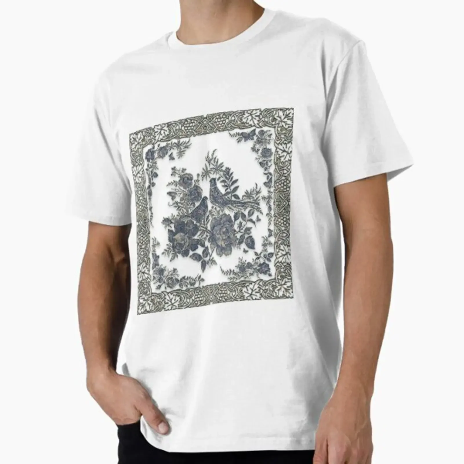 Pheasants in flowers Premium T Shirt vintage Washed homme Breathable Stretched Versatile Unisex Top For Everyday Wear Slightly