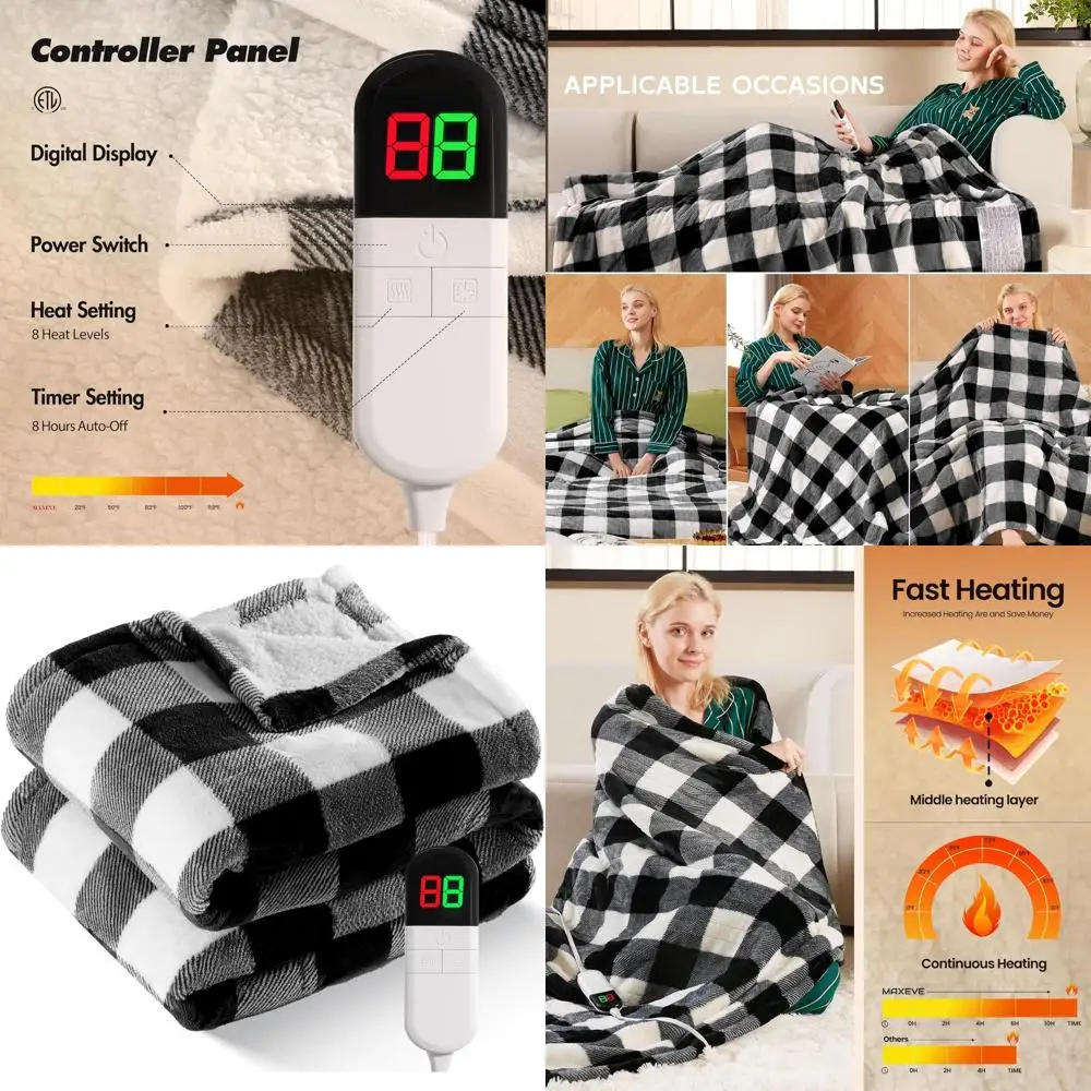 

62x84 Sherpa Buffalo Plaid Electric Blanket, Twin Size, 8 Heat Levels, 8-Hour Auto-Off, Washable, Overheat Protection, ETL Certi