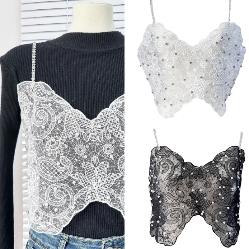 Women Hollowed Fishnet Mesh Crop Top Rhinestones Pearl Beading Camisole Vests