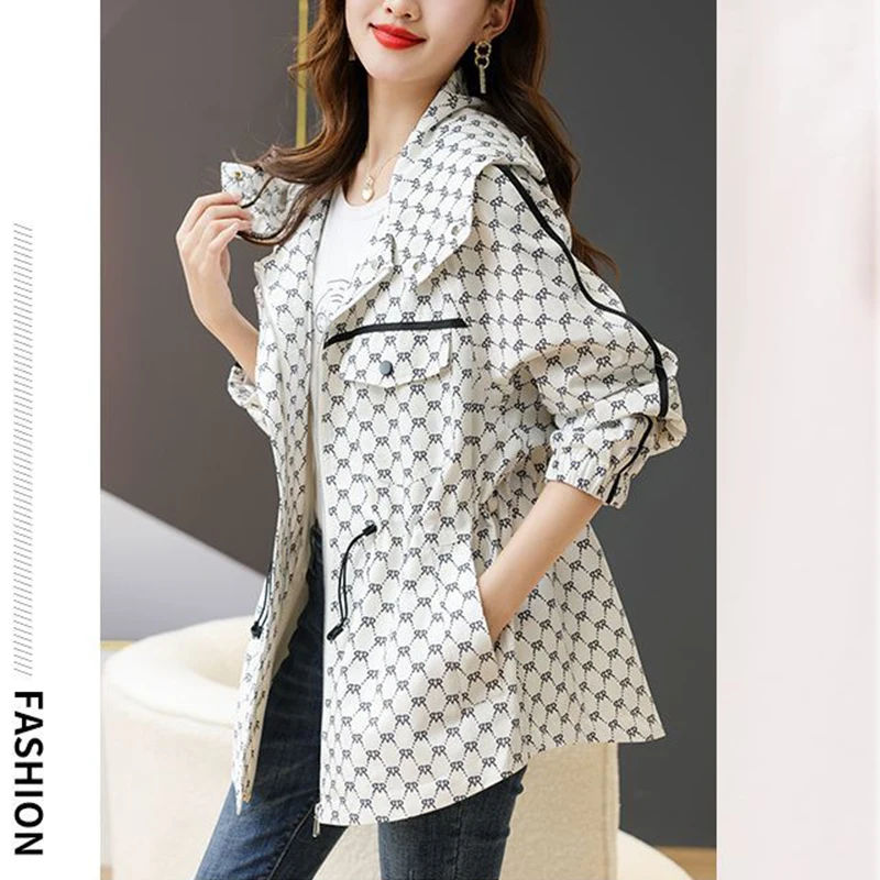 Print Drawstring Waist Hooded Trench Coats Mid Length Big Size 4xl Loose Vintage Gabardina Korea Women Fashion Windbreaker