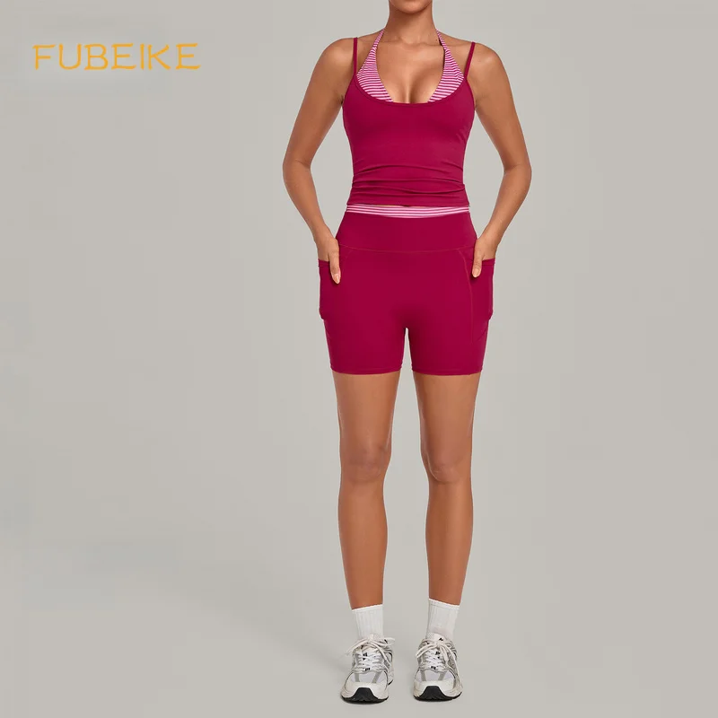 Women Halter Neck Fitness Set Beauty Back Tank Top High Waist Pocket Yoga Shorts Butt Lifting Running Workout Activewear