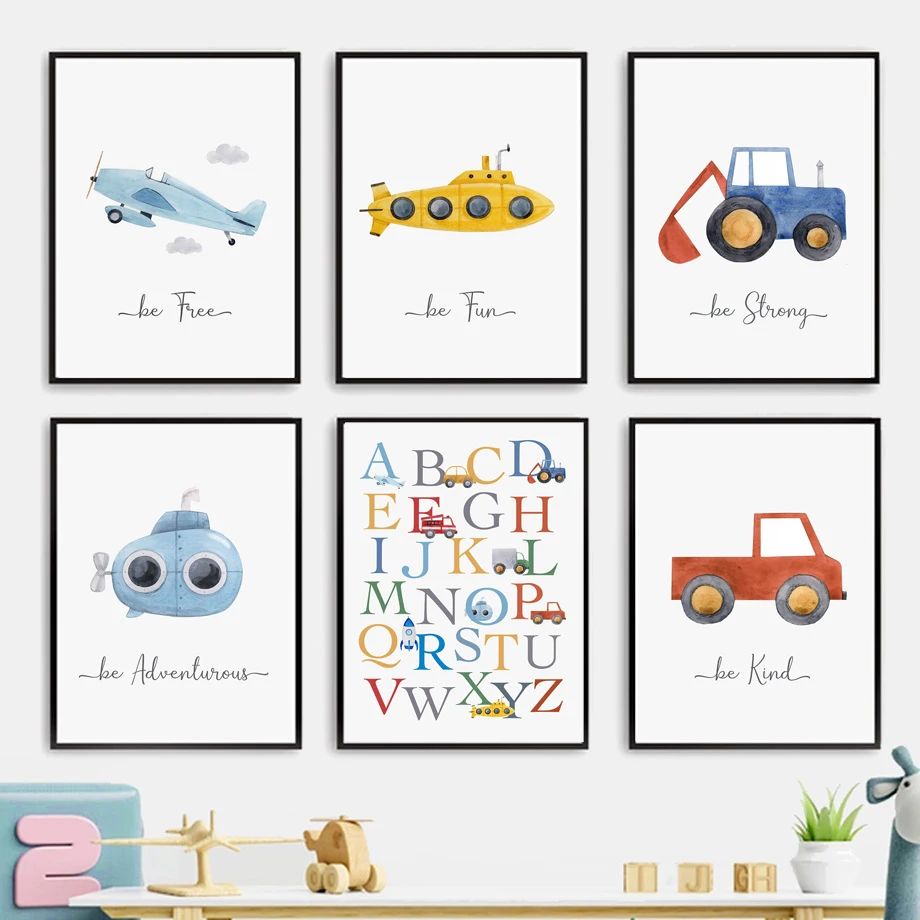 

Cartoon Alphabet Rocket Car Truck Blessing Wall Art Canvas - Nursery Decor for Baby Kids Room Home Posters Print Pictures