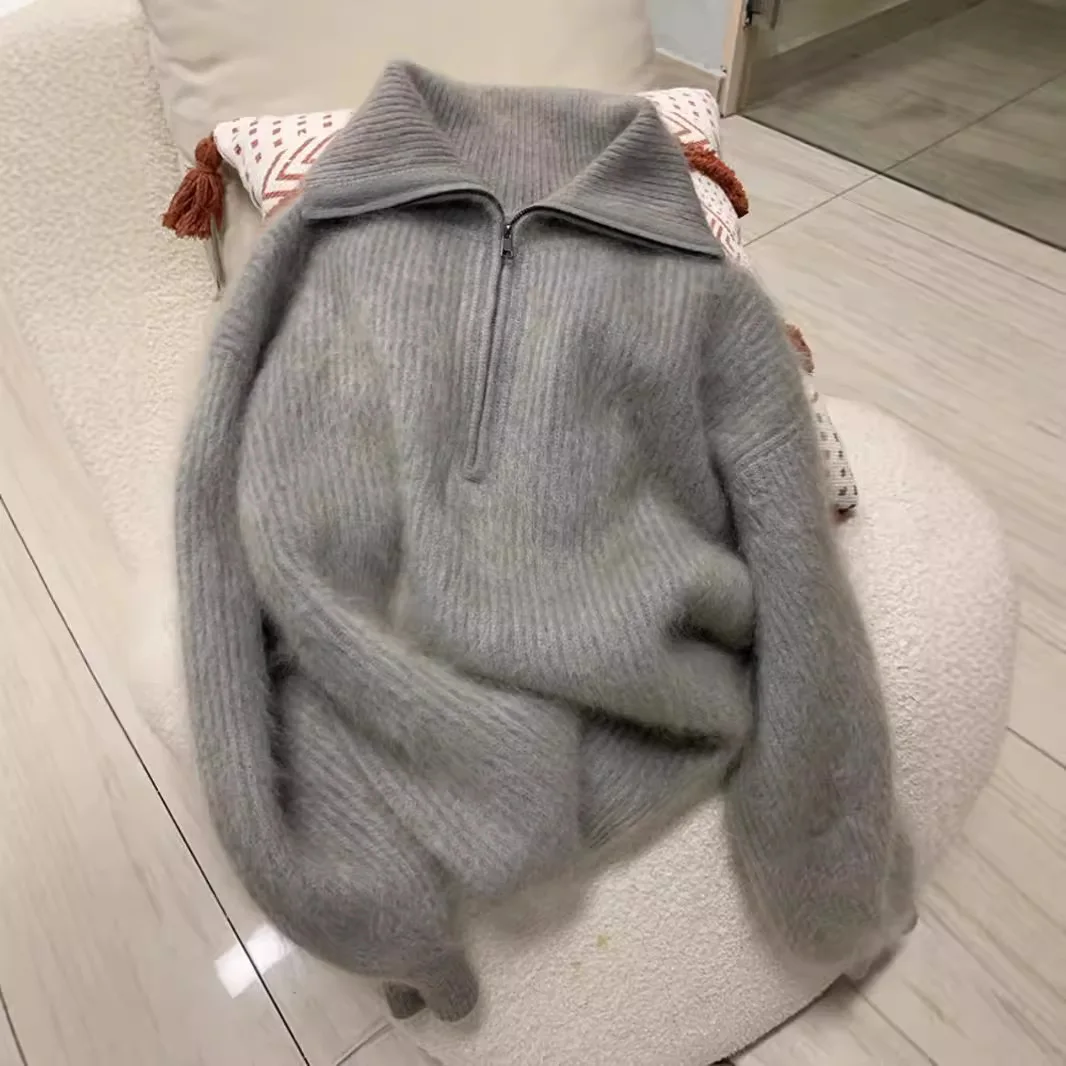 

Серый свитер на молнии для женщин, осенне-зимняя верхняя одежда, свободный пуловер, свитер, мягкий вязаный топ с отложным воротником и длинными рукавами