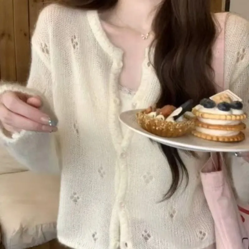 

For Women Waist Defining Slim Fit Fashion Top2025 Autumn and Winter Yellow Hollow Knit Cardigan