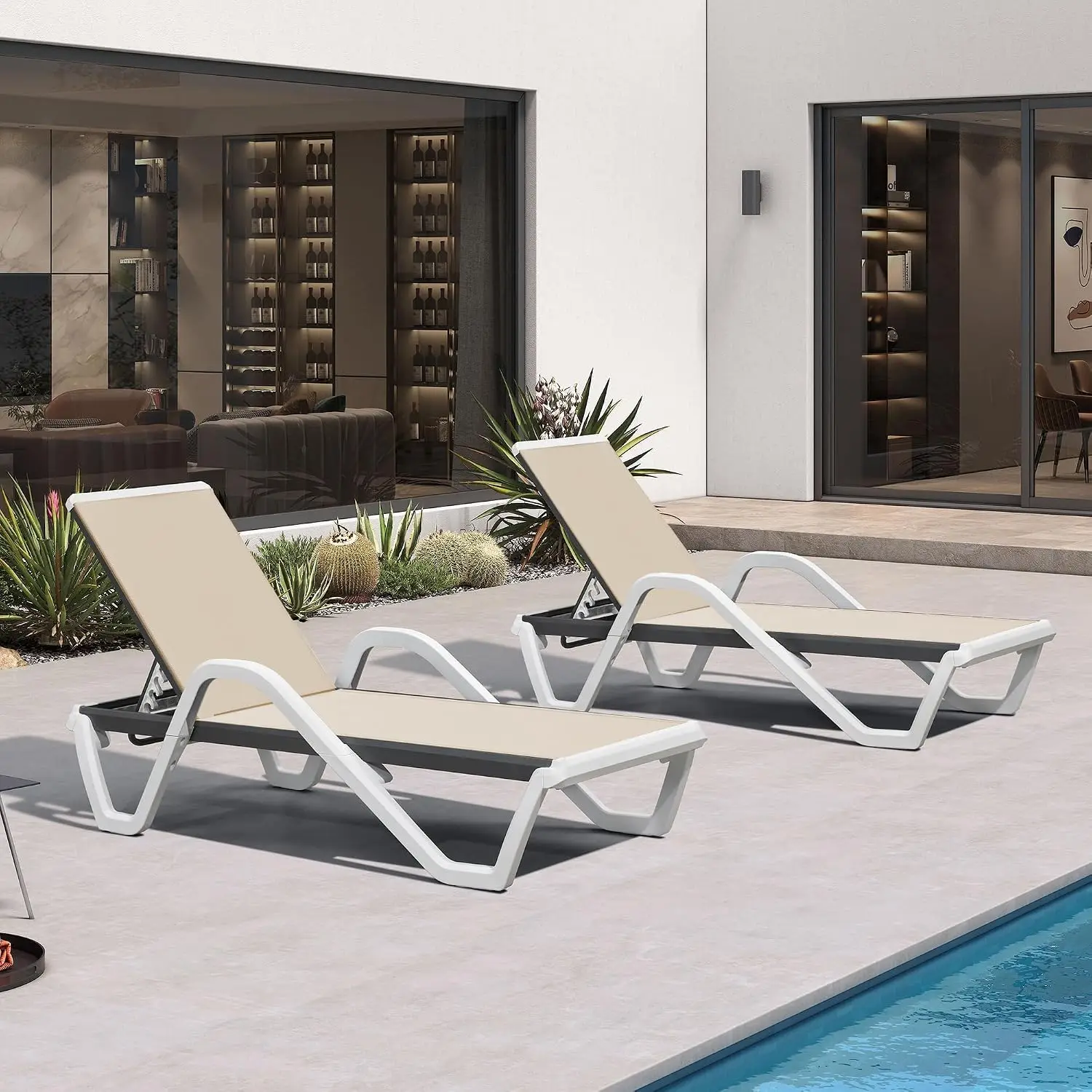Outdoor Chaise Lounge Set of 2 w/Armrest for Poolside, Khaki | Recline in 5 Positions, Lounge Freely with 400 lbs, Customized