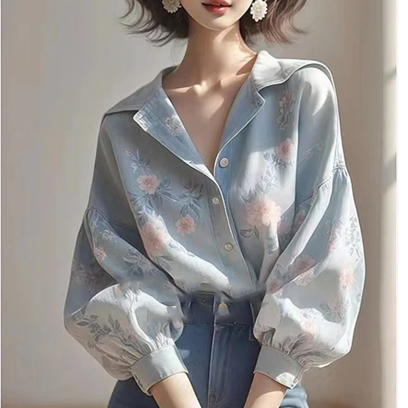 

Women Floral Printed Elegant Vintage Lantern Bubble Sleeve Lapel Single Breasted Shirts Retro Office Lady Tops Commuter Blouse