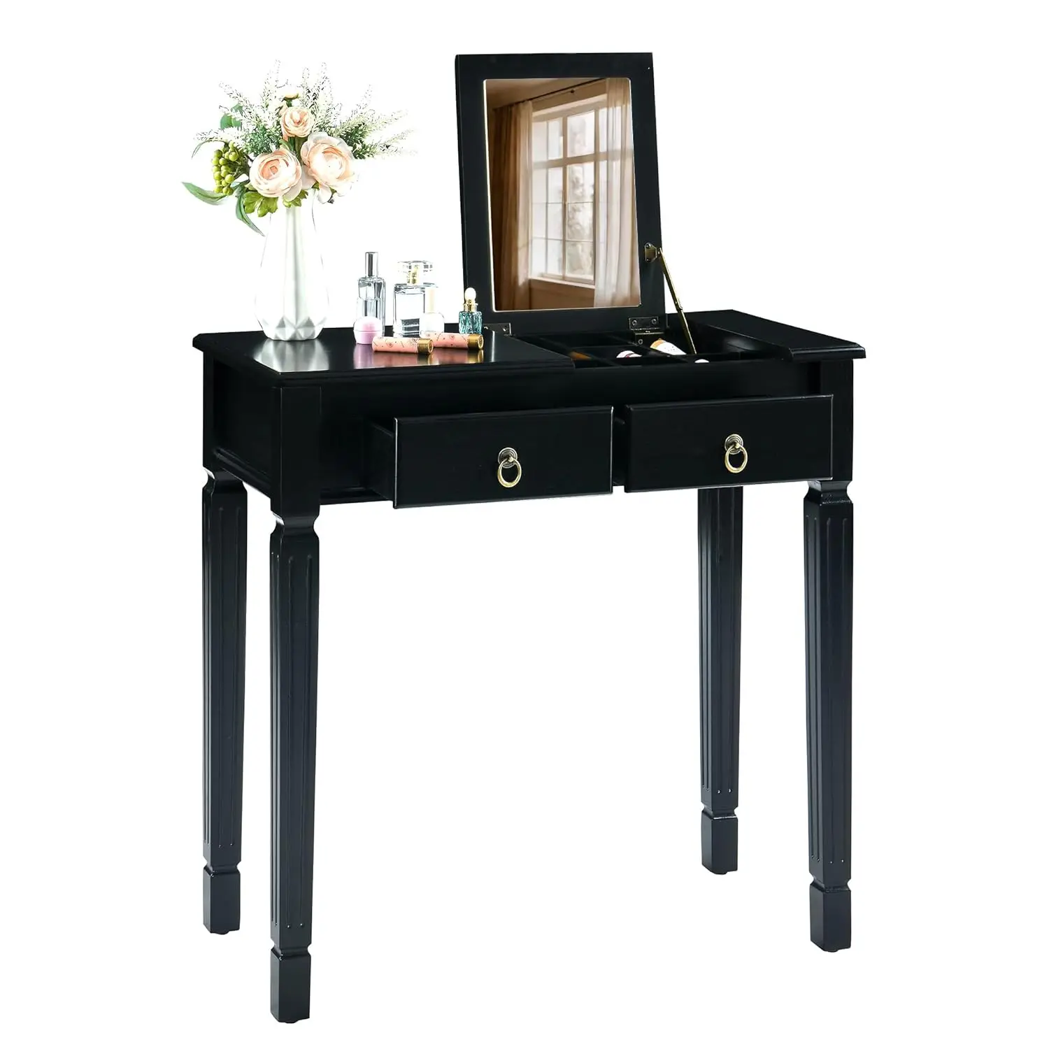 #Makeup Vanity Desk Flip-Top Mirror Drawer Compartment Hidden Stool Bedroom Small Space