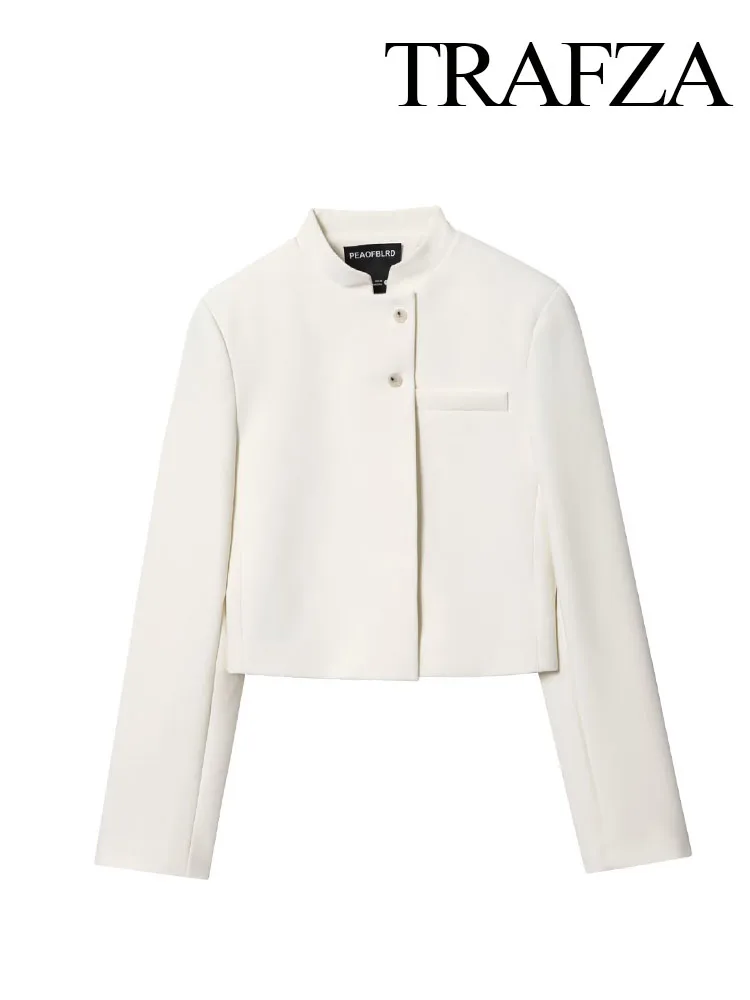 

TRAFZA Women's Autumn Fashion Jackets White Half-High Collar Long Sleeves Pockets Single-Breasted Female High Street Coats