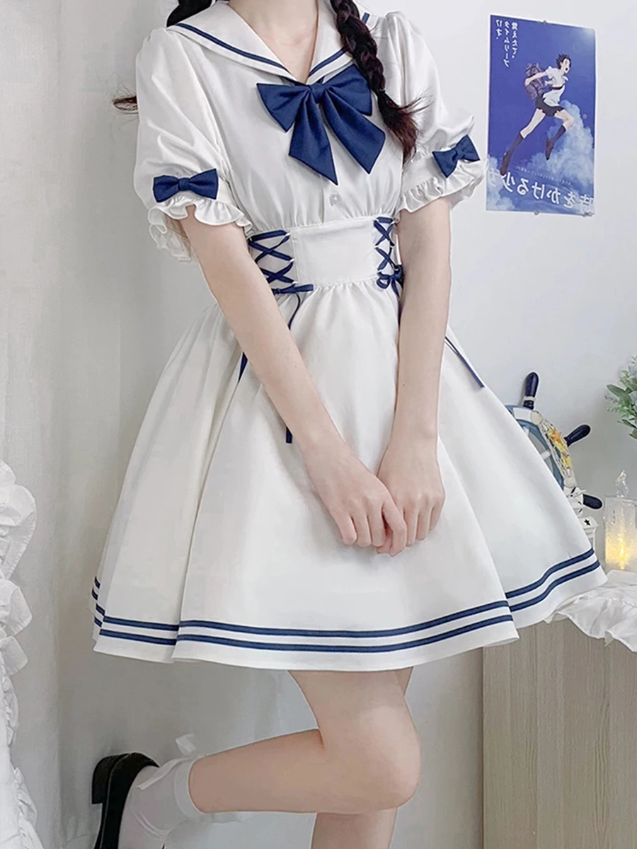 Prinses Lolita Jurk Cos Lolita Navy Kraag Matrozenjurk Grote L-4xl Korte Mouwen Strandresort Jurk