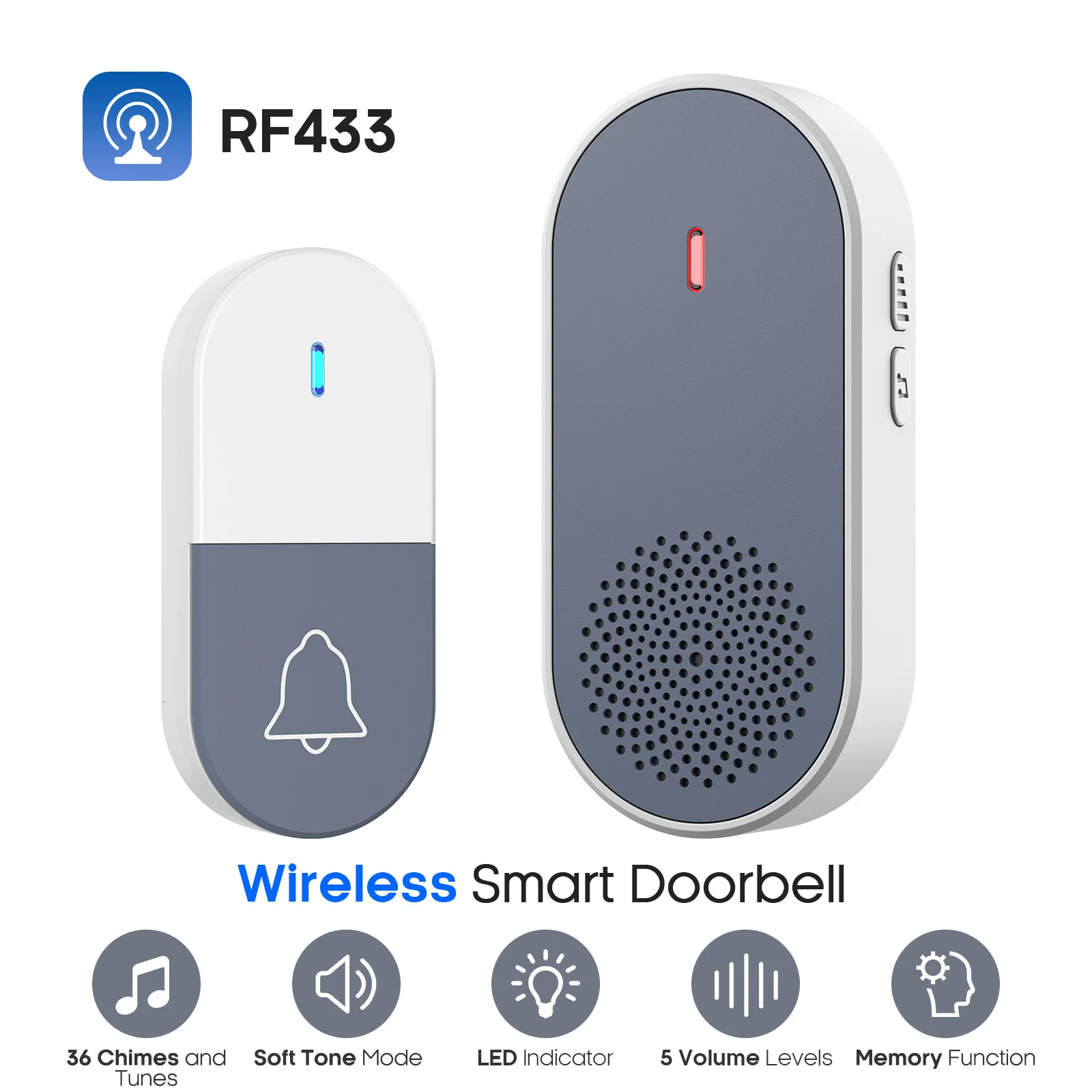 PGST Wireless Doorbell Waterproof 1000FT Range with 36 Ringtones US Standard Plug Doorbell Smart Life For Home Security