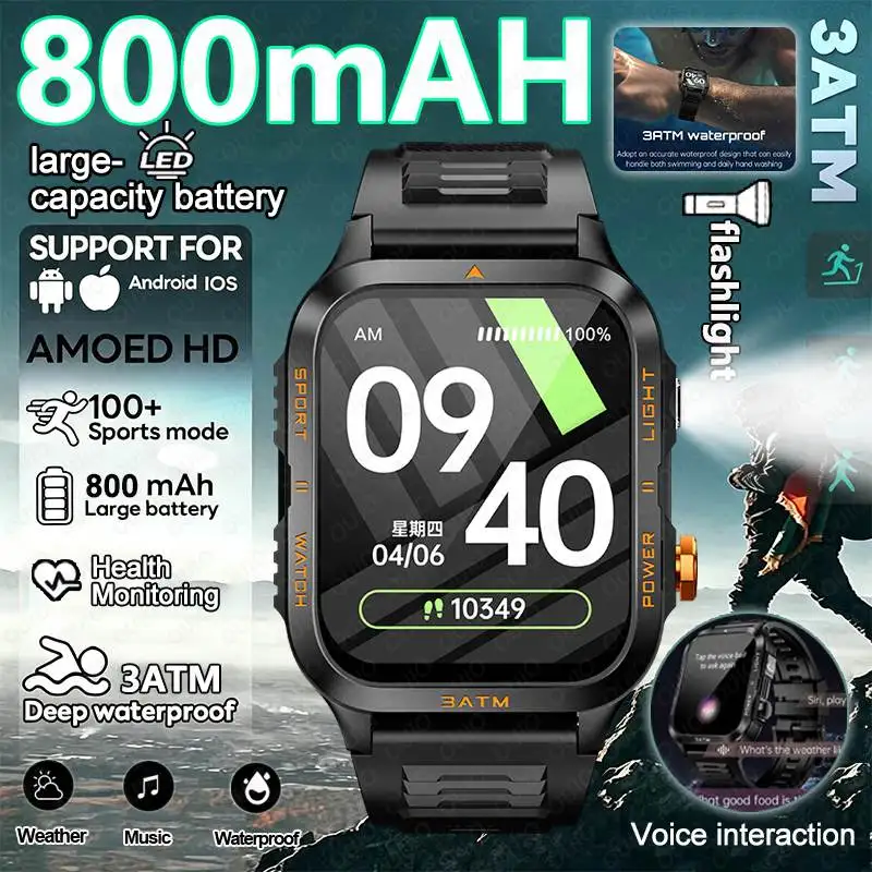 2026 New Men Smart Watch 3ATM Outdoor Sports Fitness Health Monitoring 1.96-inch 800 mAh Large Battery Flashlight Smart Watch