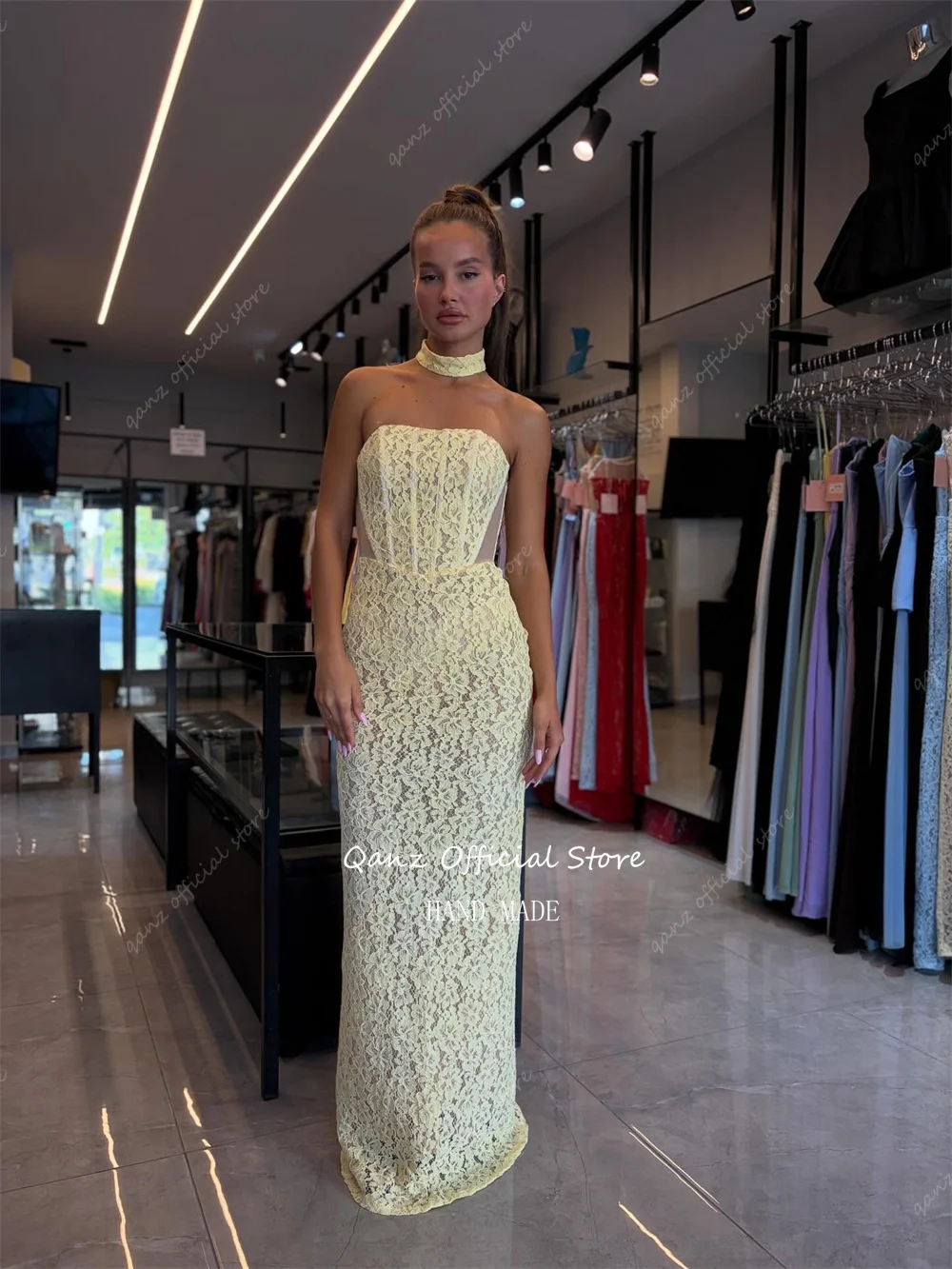 Qanz Yellow Full Lace Evening Dresses Women Elegant Mermaid Wedding Guest Dresses Classy High Slit Vestidos De Fiesta Customized