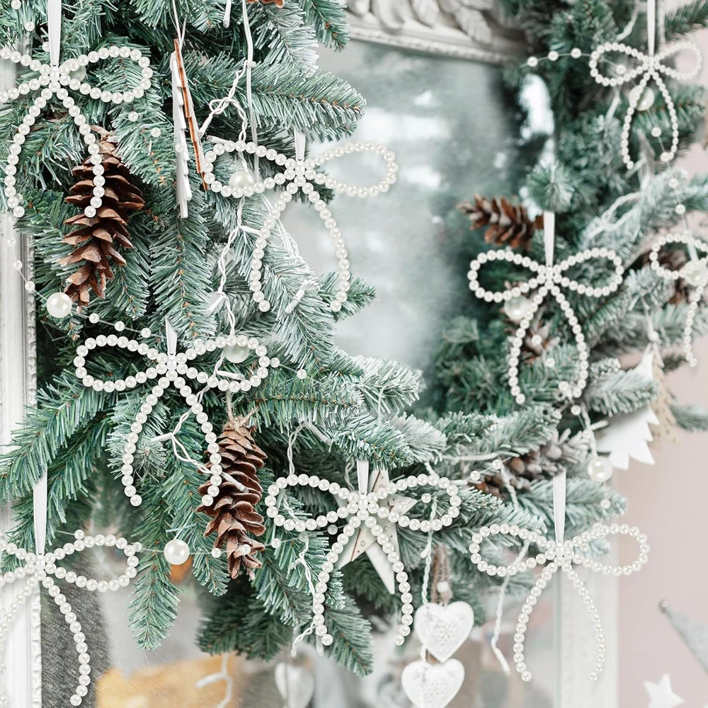 

Christmas Pearl Bow Decoration Flower Wreath for Cabinet And Christmas Tree Pendant Gift New Home Decor