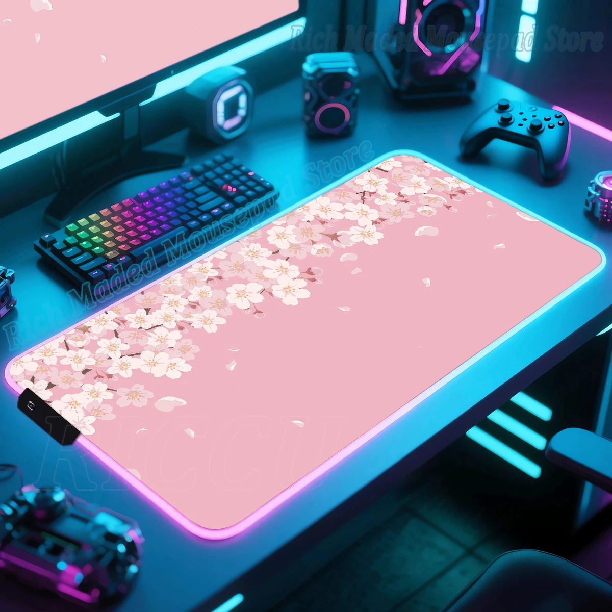 RGB LED Desk Mat Pink Sakura Gaming Emit Light Mouse Pad Large Office Carpet Desk Accessories Cherry Blossom Gamer Computer Mats