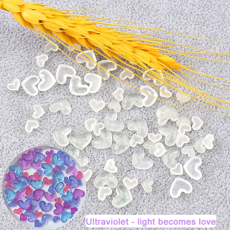 Ultraviolet Light Changing Heart Shaped Nail Art Resin Flat Bottom Love Sun Light Color Changing Summer Manicure DIY Aecoration