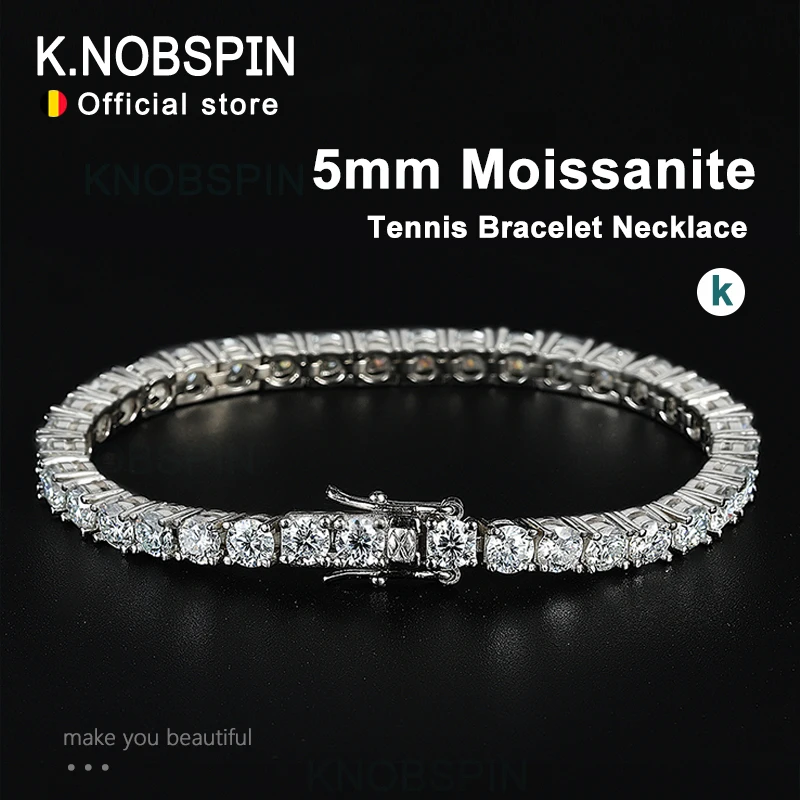 KNOBSPIN 5mm Moissanite Tennis Bracelet Necklace For Women 925 Sterling Silver D VVS1 Lab Diamond with GRA Certificate Jewelry