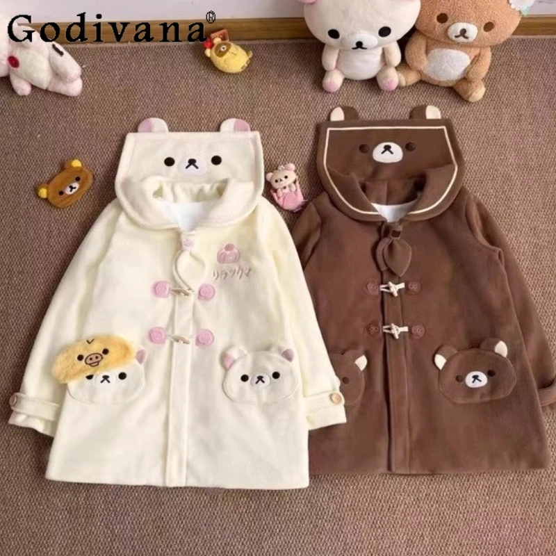 

Оригинальная шерстяная куртка в стиле Лолиты, милая кавайная осенне-зимняя новая куртка с мультяшным принтом для девочек, темно-синее длинное пальто с воротником для дочери, верхняя одежда Y2K