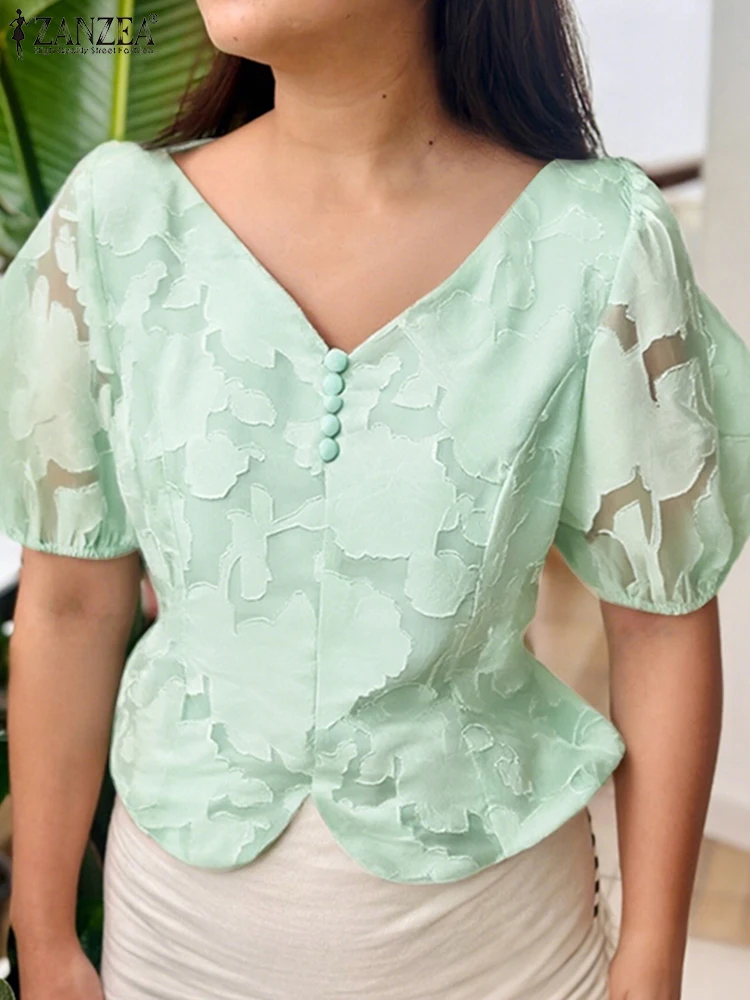 

ZANZEA Summer Elegant Lace Blouse Women Sexy Tunic Tops 2025 Casual Short Puff Sleeve V-Neck Shirts Solid Color Office OL Blusas