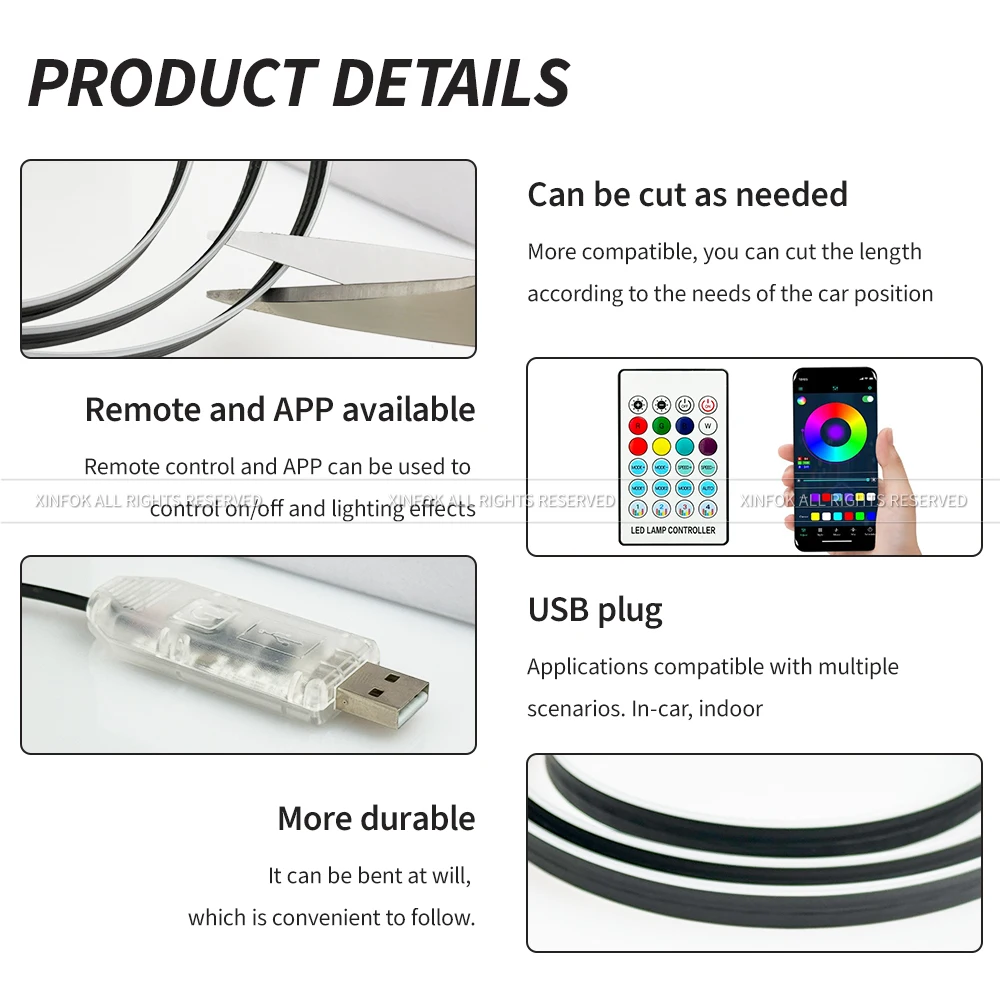 140cm USB Dreamcolor Acrylic Interior Car LED Strip Light with Wireless APP , RGB Music Fiber Optic Car Ambient Lighting Kits