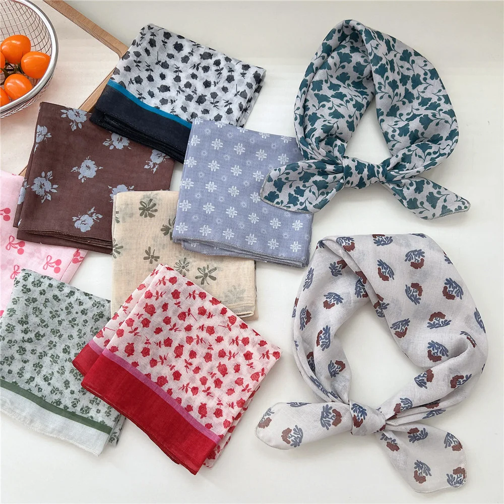 55cm Fashion Women Flower Cotton Linen Small Square Scarf Summer Women's Versatile Sweet Cute Scarf Head Band Hair Accessories