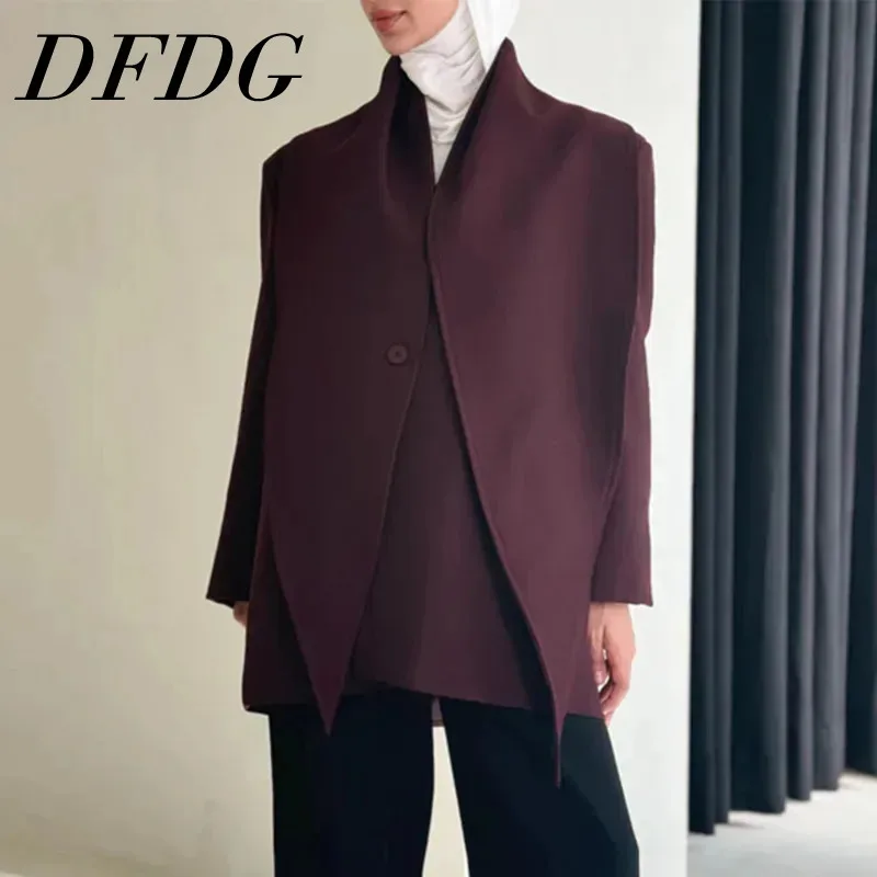 

DFDG 2025 Spring V-Neck Cropped Single Button Blazer With Asymmetric Hem Solid Color Women’s Jacket Elegant Modern Outerwear