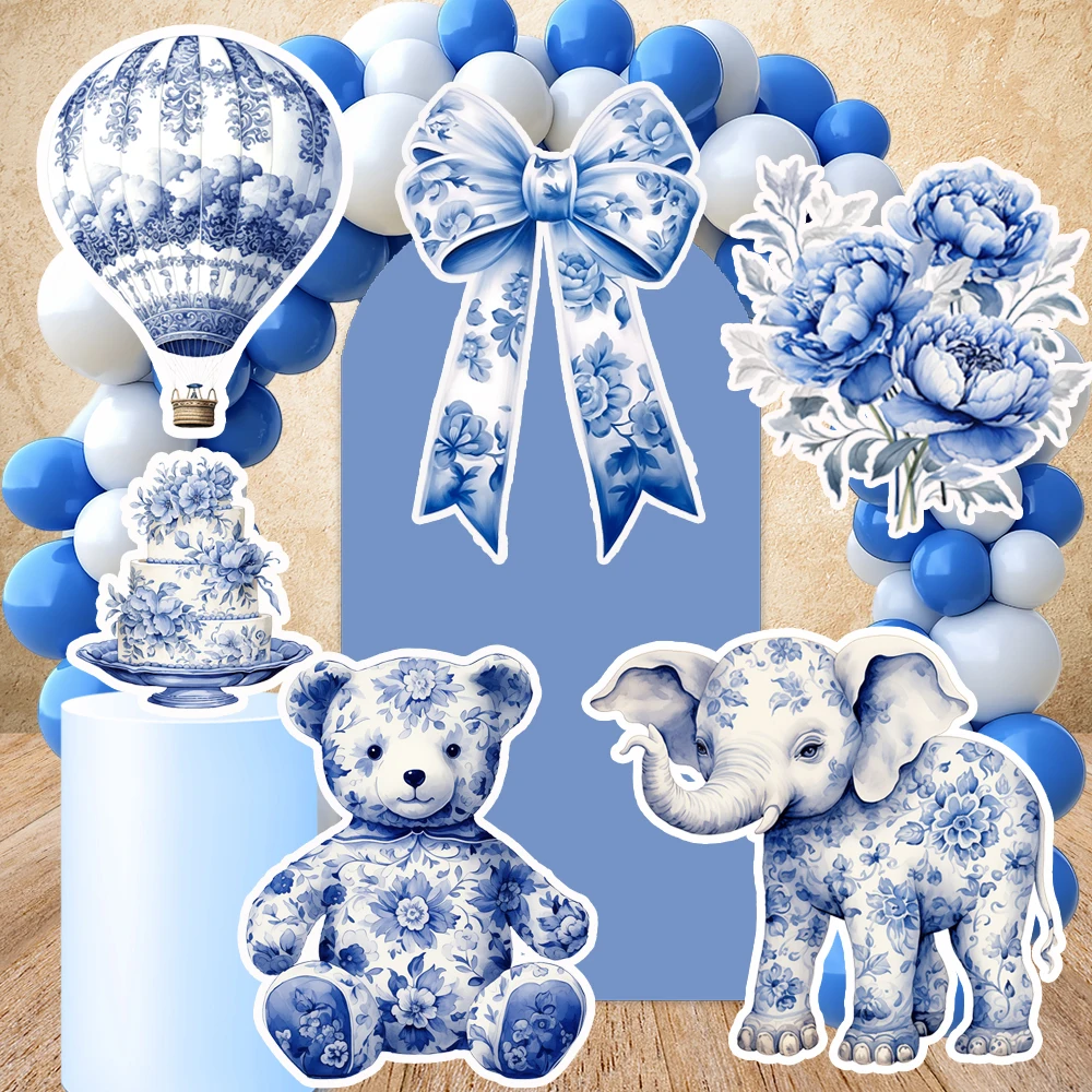 الأزرق تويلي دي جوي استحمام الطفل Kt مجلس تيدي بير القواطع الدعائم بالون ساخن كرتون حفلة عيد ميلاد ديكور خلفية الأزرق الأزهار