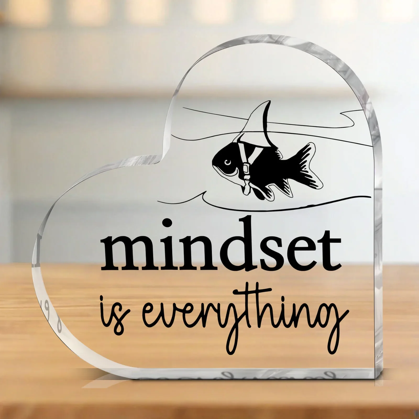 Mindset Is Everything Shark Fish Heart‑Shaped Acrylic Plaque, Inspirational Tabletop Decor