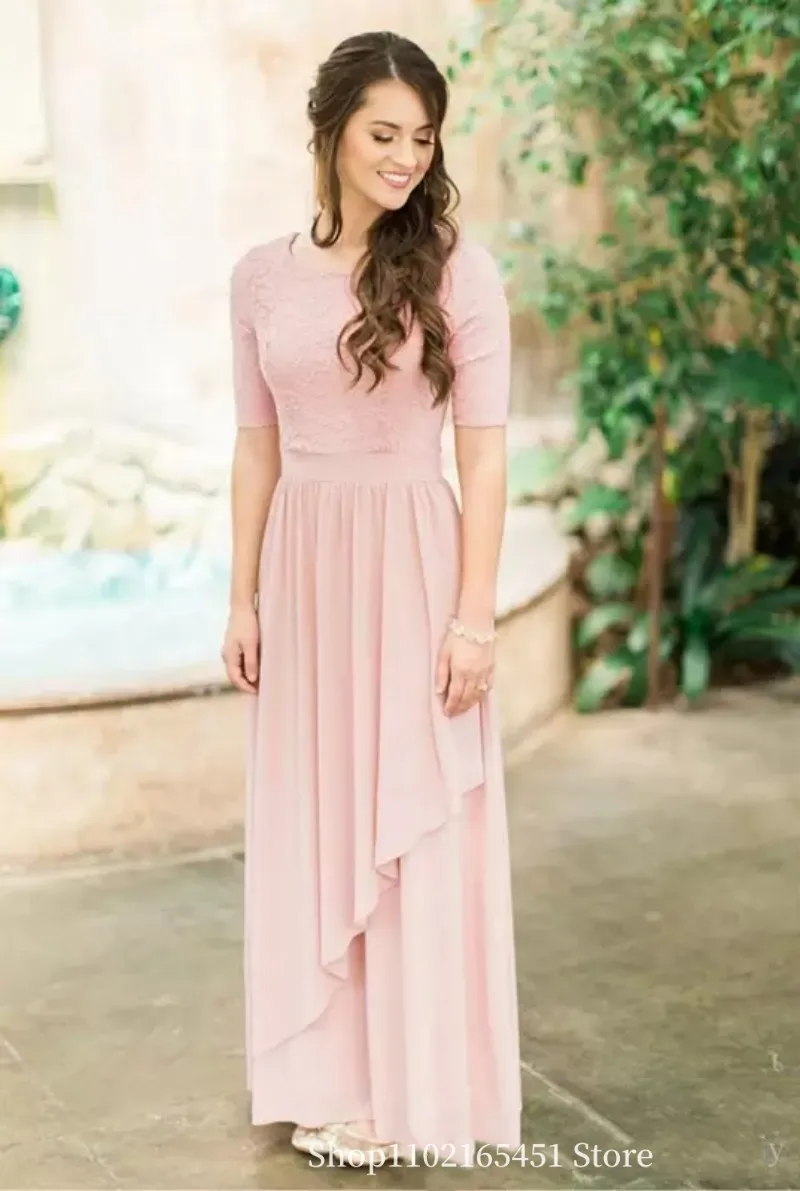 Rose Dusty Long Bridesmaid Dresses With Half Sleeves Lace Chiffon Country Wedding Bridesmaids Dresses Boho Sleeved Customized