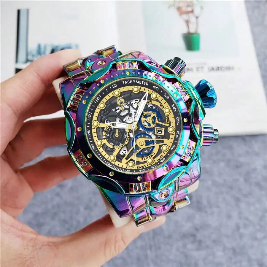 

Мужские часы с кварцевым механизмом, оверсайз, с переливающимся корпусом, скелетонизированным циферблатом, светящимися стрелками и ремешком из нержавеющей стали
