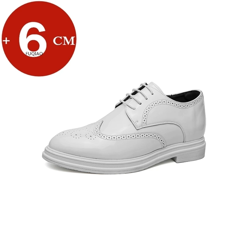 

Men's Brogue Shoes White Patent Leather 6CM Hidden Height Increase Insoles Formal Dress Casual Oxfords for Wedding Business