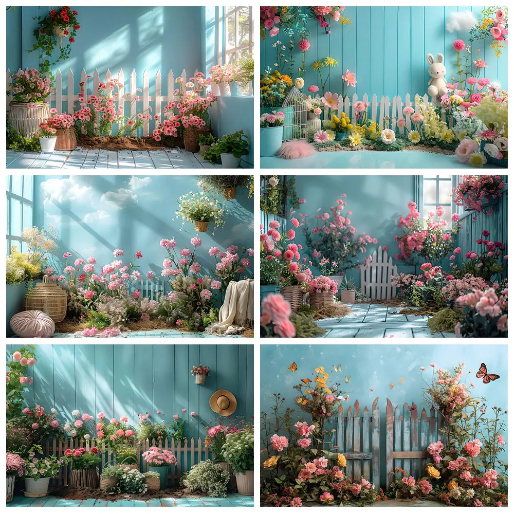 

Spring Photography Background Blue Room Flowers Fence Garden Kids Adult Birthday Party Portrait Decor Backdrop Photo Studio Prop