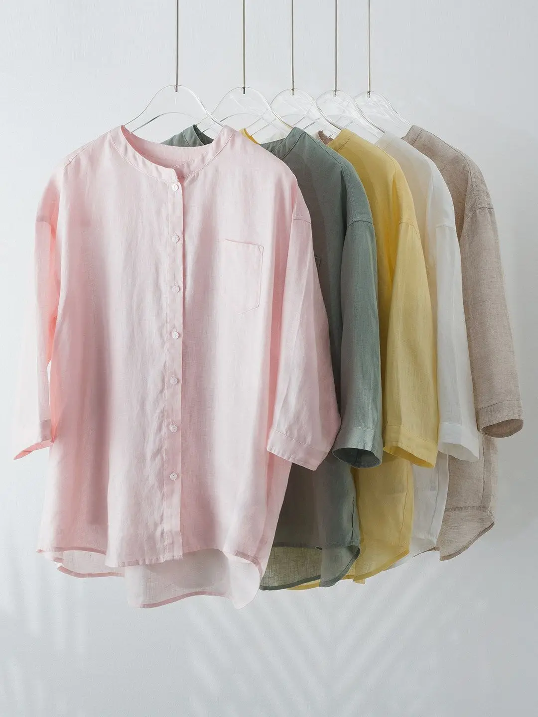 

Dave&di Linen Stand Collar With Seven Quarter Sleeves And Side Pockets, Loose Artistic Shirt Top For Women Clothes Shirts Tops