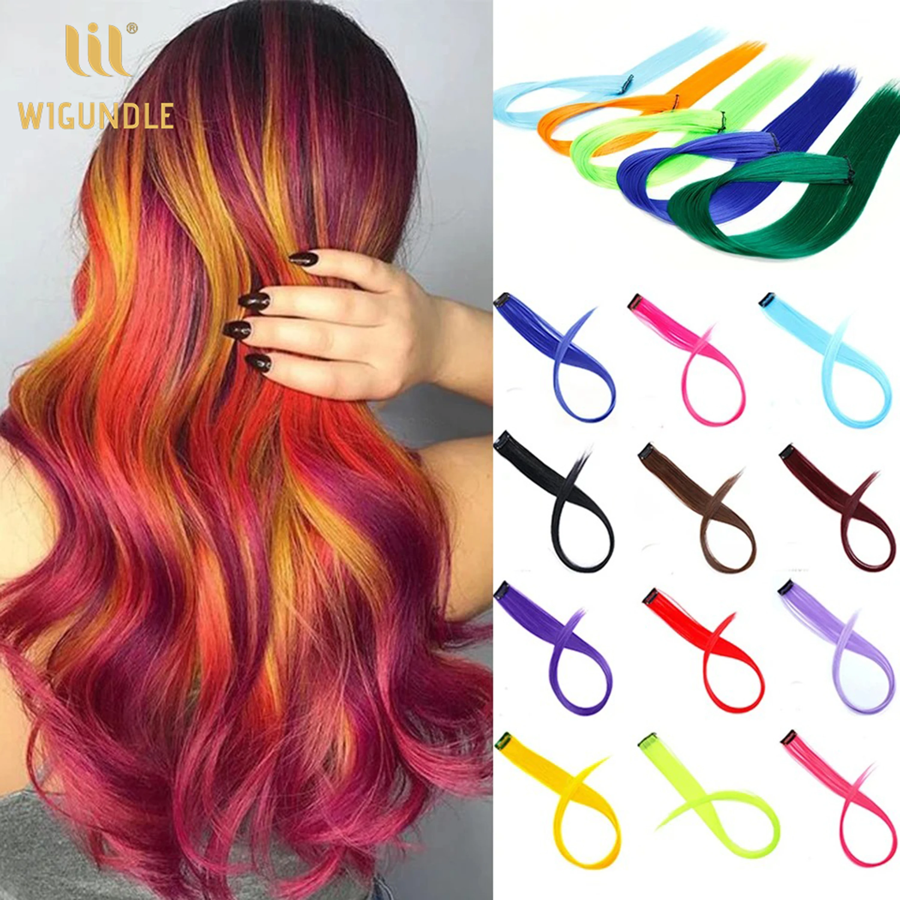Synthetic 22 Inch Long Straight Hair Extensions Ombre Pink Purple Yellow Clip In Fake Hair Rainbow Color Heat Resistant