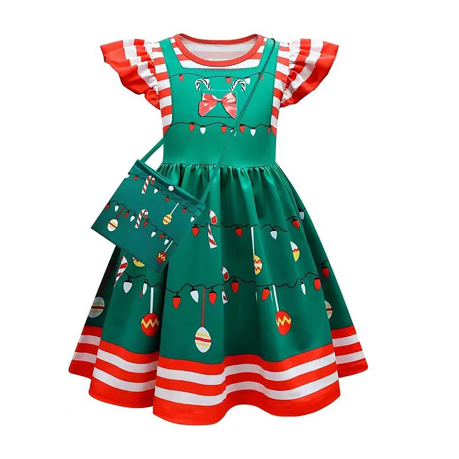 

Kids Girls Christmas Princess Dress Candy Snowflake Print Dresses with Bag New Year Party Xmas Elf Santa Claus Cosplay Costume