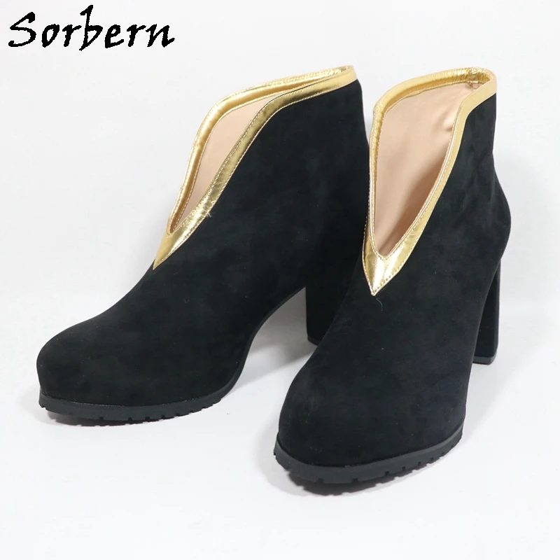 Sorbern Customized Black Slip On Booties Women Block High Heel Boots For Women Low Heeled Gold Trip Cosplay Boot Shoes