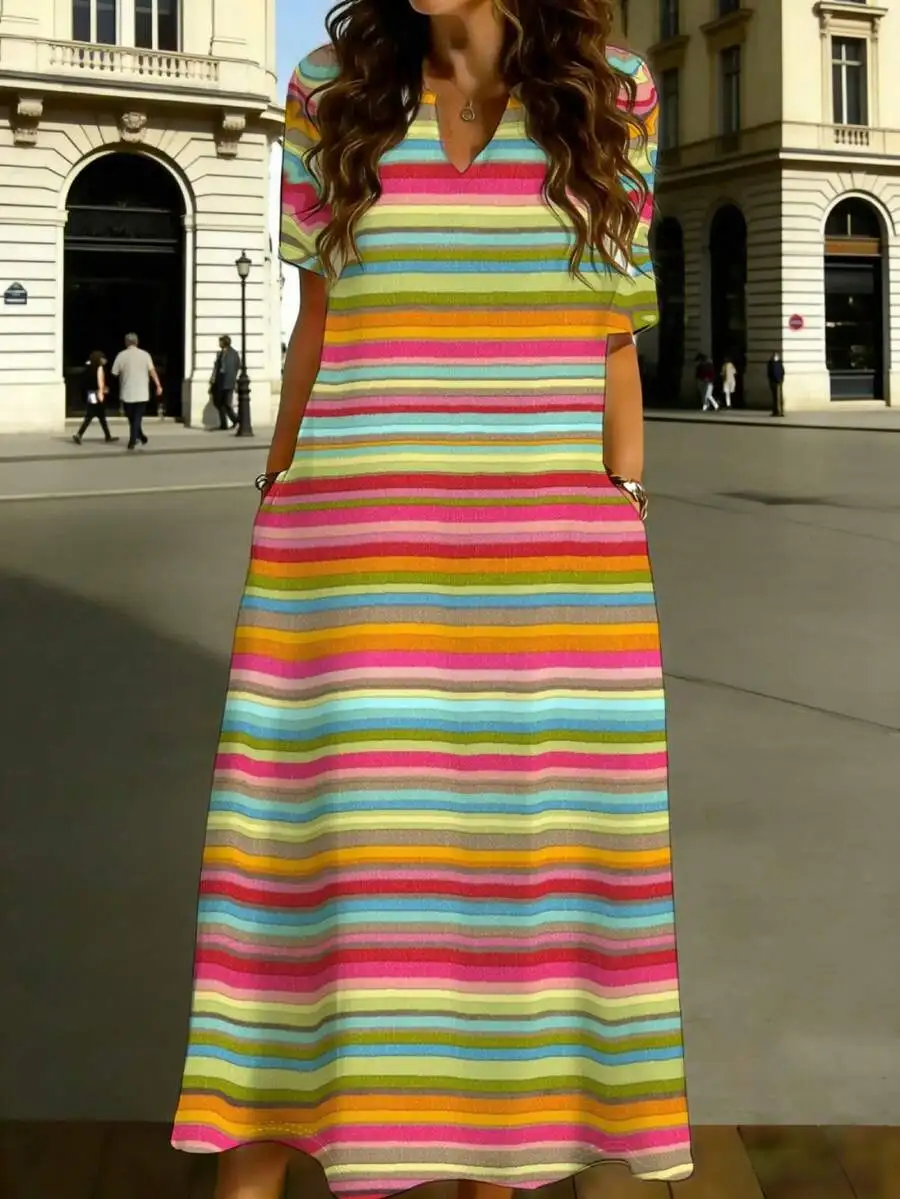 

Multicolor Horizontal Striped V Neck Midi Dress Women Casual Summer Breathable Short Sleeve