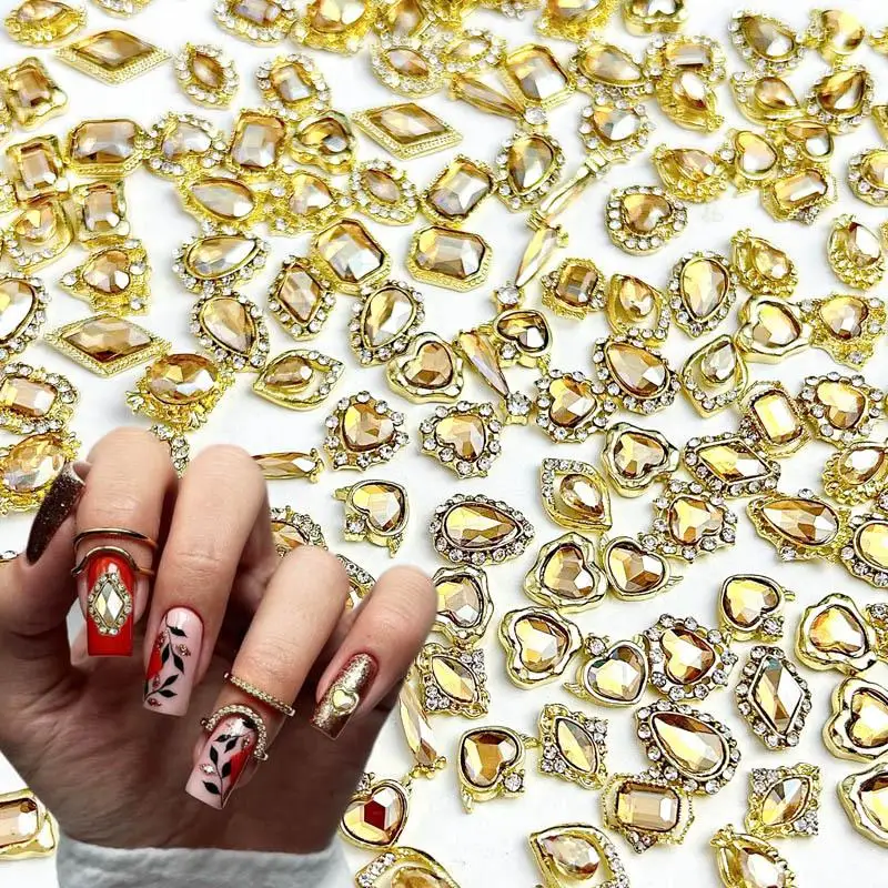 10 stuks licht luxe onregelmatige legering nagelsteentjes hart waterdruppel champagnekleurige diamant nagelkristal doe-het-zelf nageldecoraties