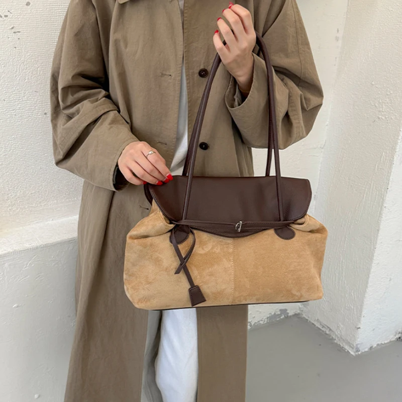 Korean Retro Flap design Tote Patchwork Minimalist Suede Splicing Large Capacityy Soft Shoulder Bag For Daily Casual Shopping