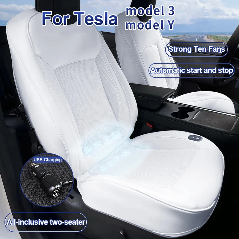 TPBUFF Ventilate Seat Cover For Tesla Model 3 Y Front Cushion Summer Ice Silk Cool Breathable With Fan Charging Car Accessories