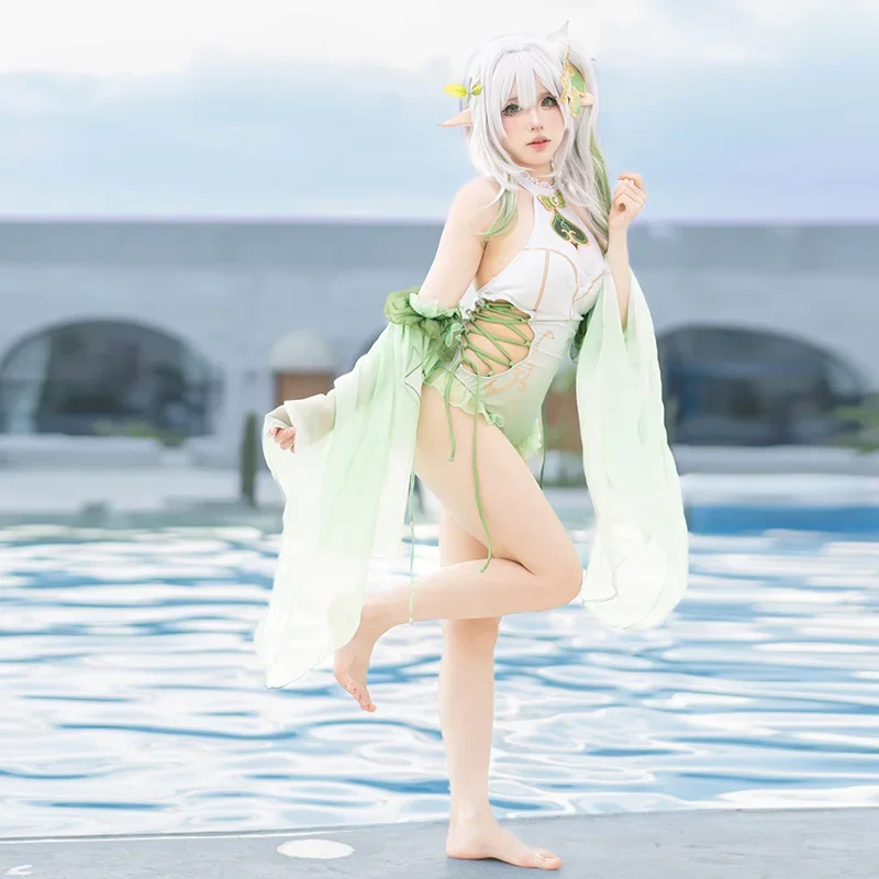 Genshin Impact Nahida costume da bagno donna Halter Side Lace-up Girl body costume da bagno con maniche Beach Party Swimwear