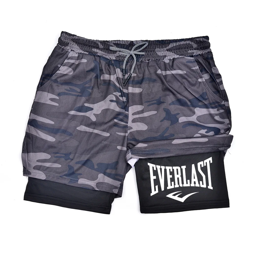 شورت رياضي مضغوط للرجال، سروال رياضي مطبوع EVERLAST، طبقات مزدوجة، سريع الجفاف، كرة السلة، شورت كاجوال للياقة العضلات