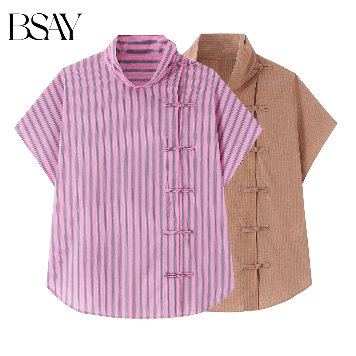 BSAY Summer Retro Vertical Striped Women Blouse Stand Collar Asymmetric Frog Buttons Loose Chinese Style Short Sleeve Daily Top