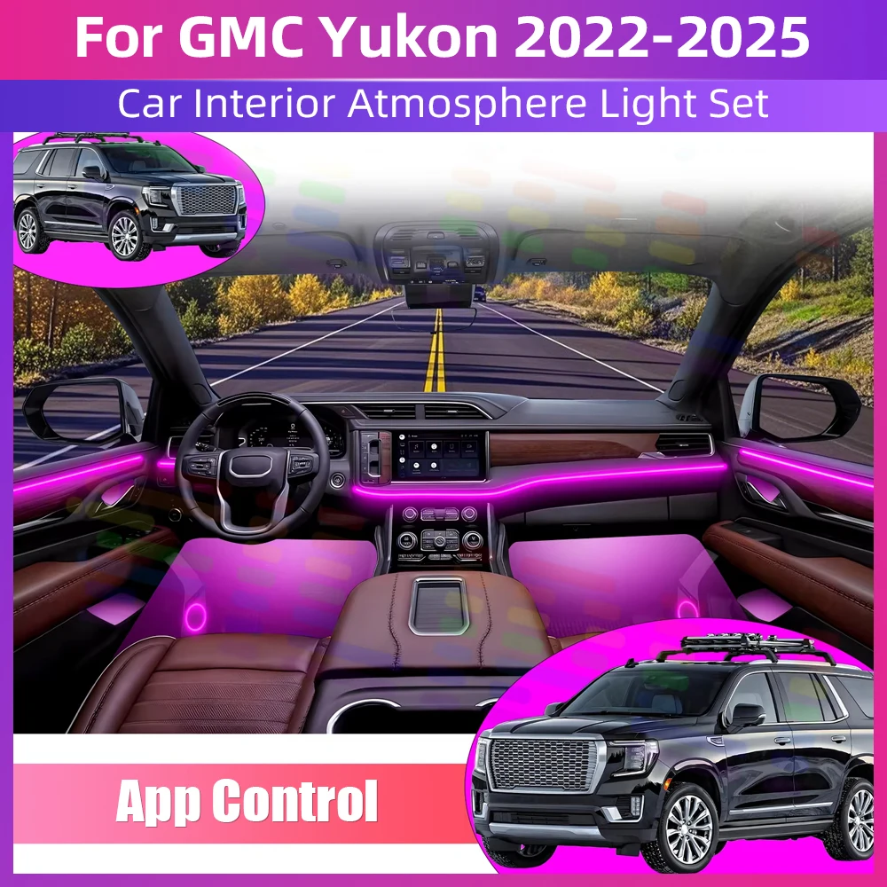 

Подсветка салона автомобиля для GMC Yukon 2022-2025: 64 RGB, синхронизация с музыкой, управление через приложение, скрытый монтаж, улучшенный комфорт