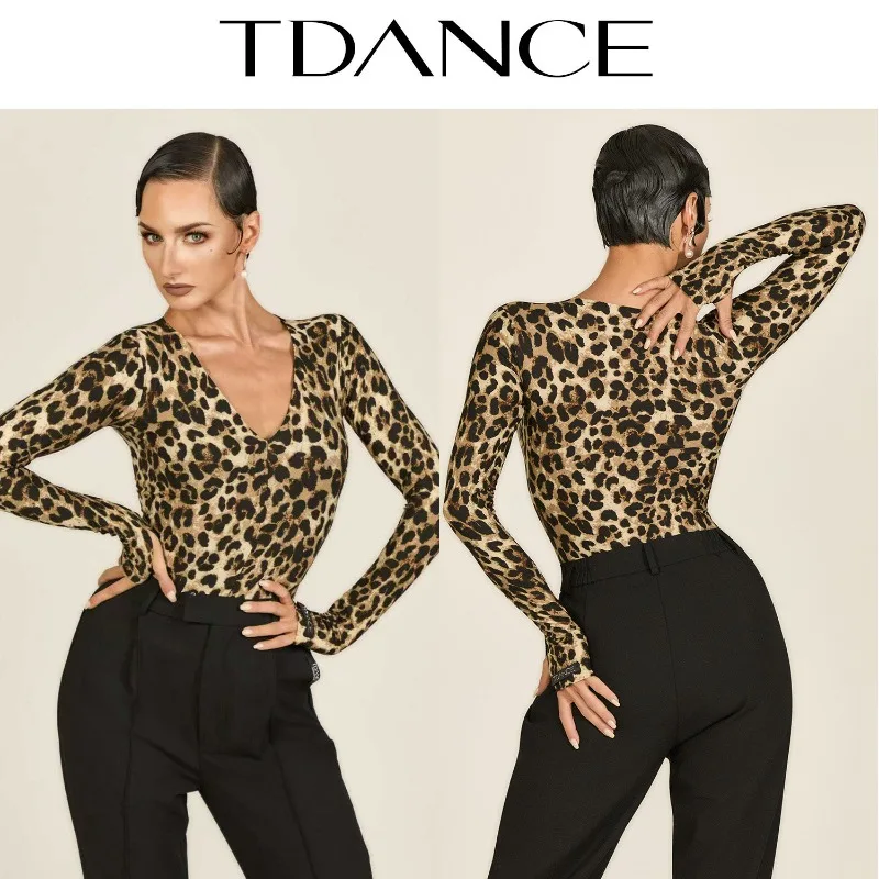 

customized TDANCE Latin Modern Practice [Leopard print V-neck long sleeved jumpsuit] Versatile autumn and winter daily GL-212